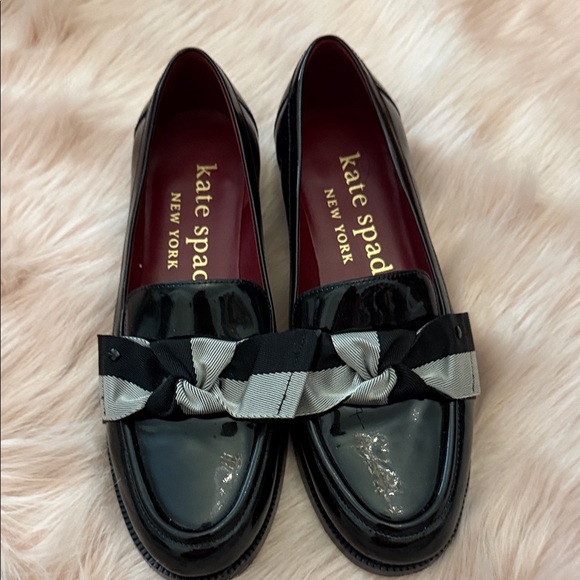 kate spade Shoes - kate spade Black Patent Loafers with Black-and-White Bow